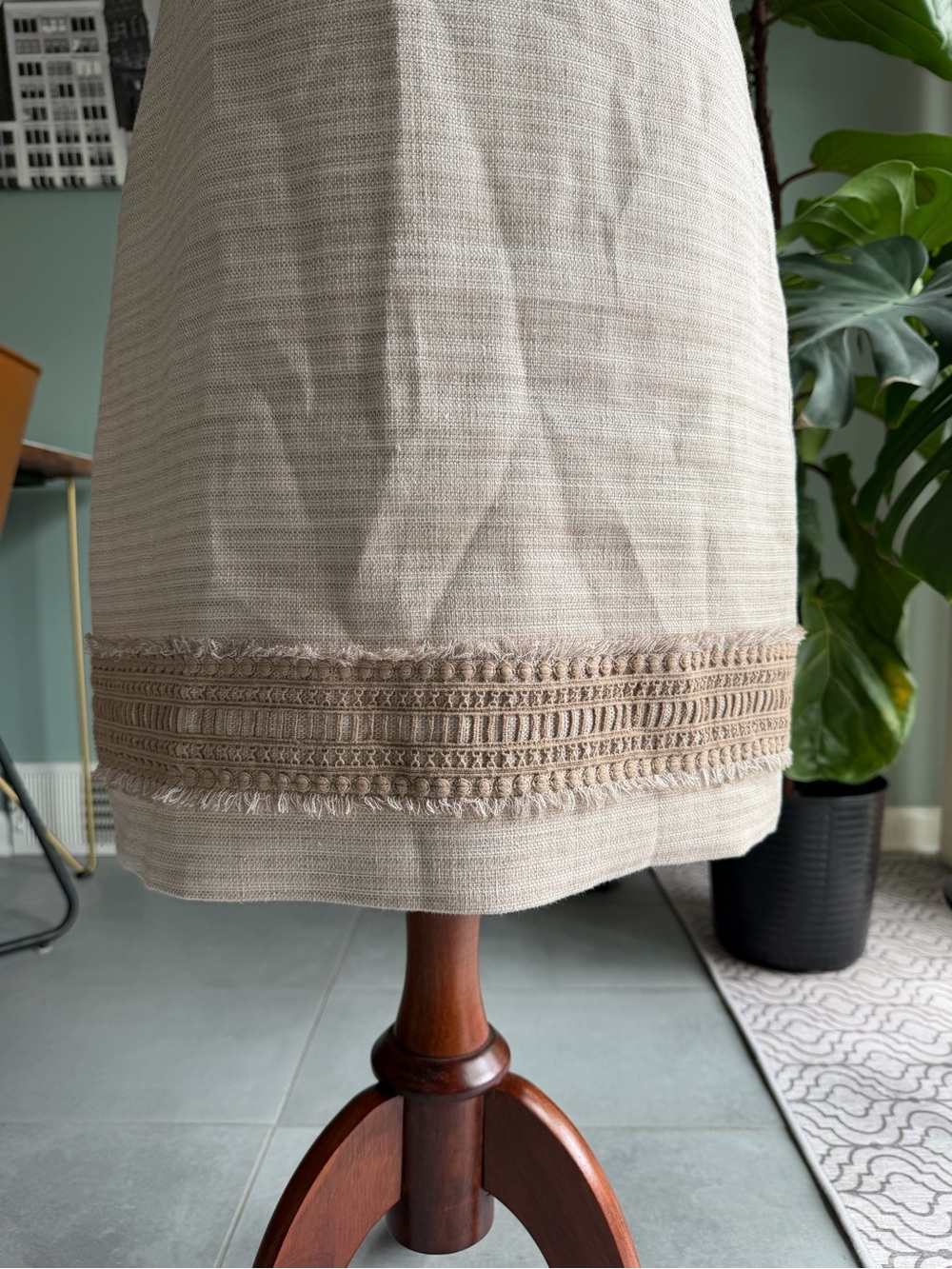 WHBM Neutral Linen Blend Tan Sheath Dress with fringe crochet lace details 4 - Picture 8 of 15